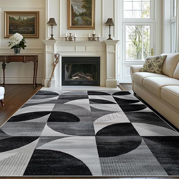 3x5 Area Rugs for Living Room Machine Washable Geometric Boho Rug Non Slip Printed Black and Grey Rug Carpet Friendly Modern Rug for Bathroom Bedroom Dining Room Office