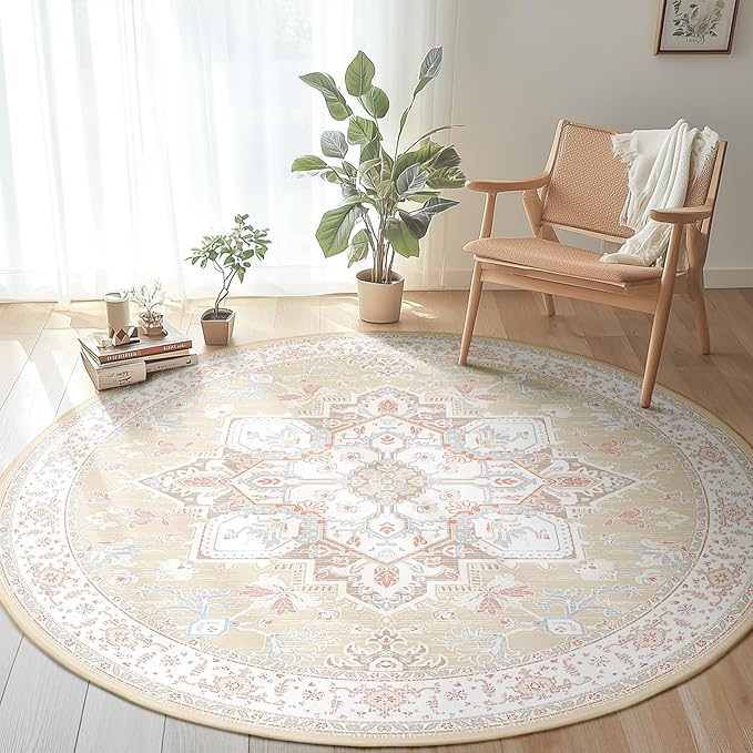 BESTSWEETIE 6ft Area Rugs for Living Room Washable Non Slip Carpet Low Pile Soft Vintage Print Pattern Rug for Bedroom Dining Room Kitchen Entryway Indoor-Cream/Light Yellow/Brown/Blue/Red/Pink