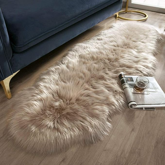 Ashler Faux Fur Rug, Fluffy Shaggy Area Rug Ultra Soft 2 x 6 Feet Sheepskin Fur Rug, Beige Fuzzy Rug Machine Washable Shag Rug, Nursery Decor Throw Rugs for Bedroom, Kids Room, Living Room