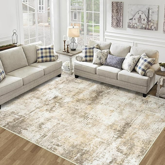 10x14 Area Rugs Living Room Rugs: Large Washable Rug with Anti-Slip Backing Non-Shedding Stain-Resistant Soft Abstract Carpet for Bedroom Dining Room Nursery Home Office Beige Grey