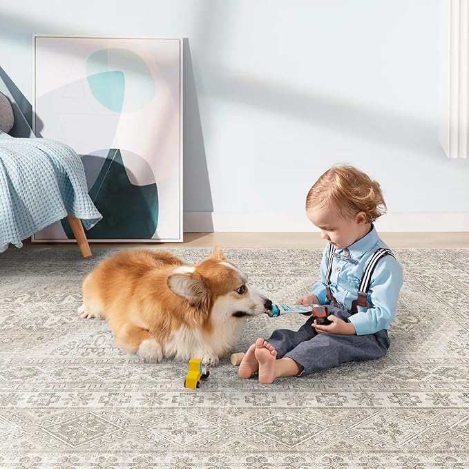 6x9 Area Rugs for Living Room:Washable Oriental Rug for Bedroom Dining Room Carpet 6 by 9 Indoor Non Slip Rubber Backing Neutral Nursery Dorm Home Office Kids Beige