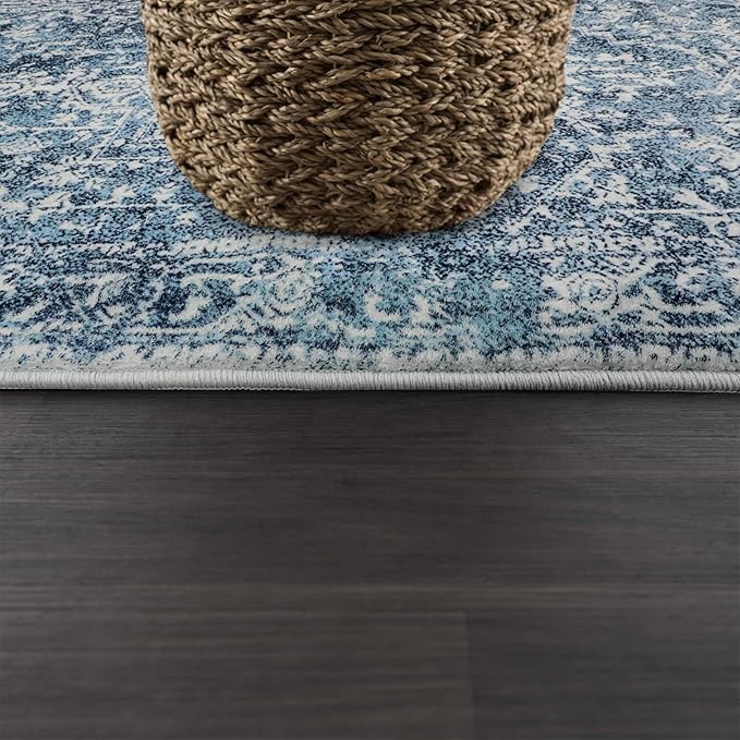 Morebes Boho 4x6 Rug for Living Room, Stain Resistant Washable Area Rug for Bedroom Non Slip Entryway Rug, Vintage Medallion Low Pile Soft Carpet for Bathroom Kitchen Dining Room, Deep Blue
