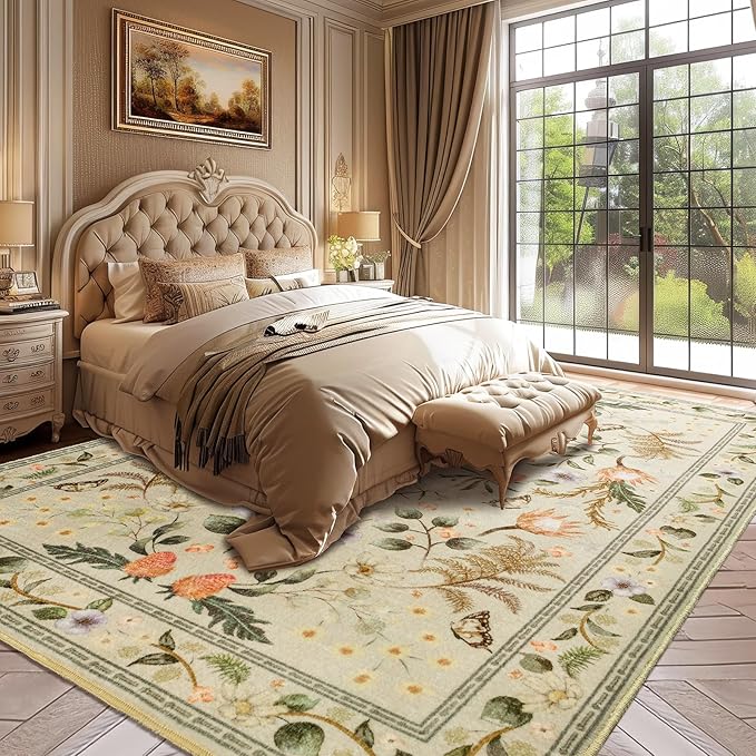 Area Rugs for Living Room, 6x9 Washable Non-Slip Rug for Bedroom, Vintage Floral Carpet for Home Office Nursery Dining Room Kitchen, Beige