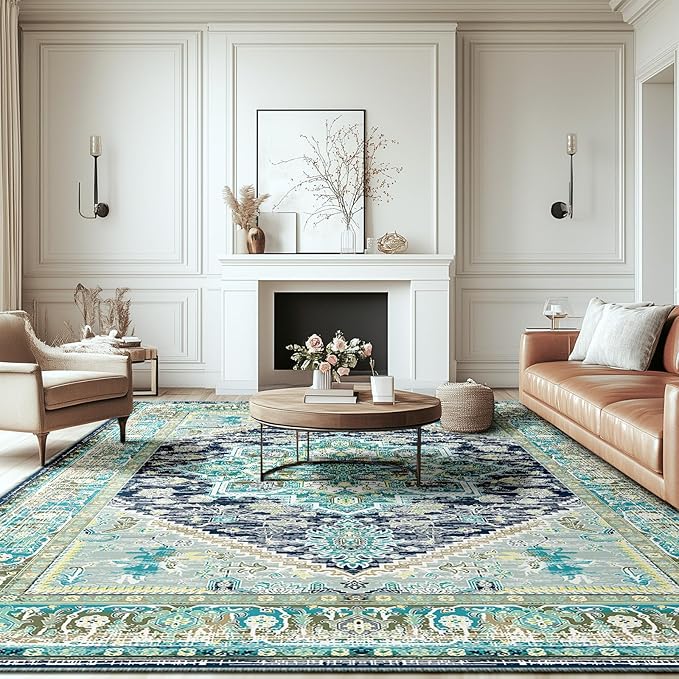 BESTSWEETIE 6x9 Area Rugs for Living Room Washable Non Slip Carpet Low Pile Soft Vintage Print Pattern Rug for Bedroom Dining Room Kitchen Entryway Indoor-Teal/Navy/Green/Yellow