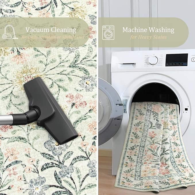 Morebes Washable Runner Rug 2x6,Bathroom Runner Rugs 24 x 72 Non Slip Washable,Vintage Boho Ultra-Thin Indoor Throw Carpet Runner for Hallway Entry Bedroom Laundry Room, Cream/Multi