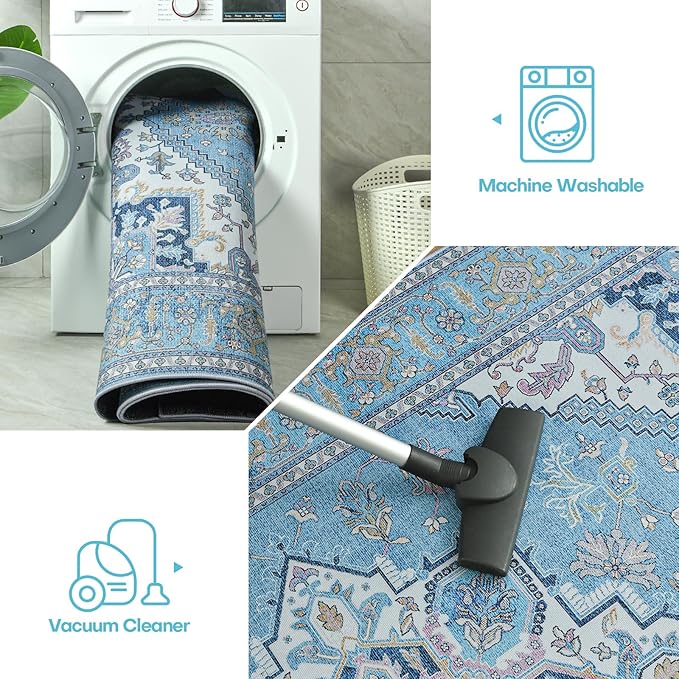 YJ.GWL Large Area Rug for Living Room, 5x7 Machine Washable Boho Rug for Bedroom, Low Pile Lightweight Thin Rugs Floral Vintage Distress Print Pattern Carpet for Dining Room, Light Blue
