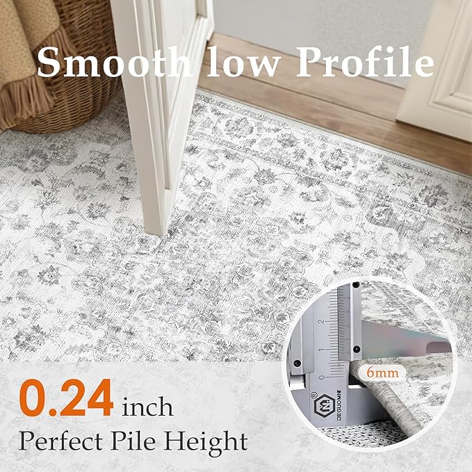 2x5 Washable Neutral Runner Rug Grey Hallway Kitchen Non-Slip Low Pile Floral Carpet Vintage Soft Thin Small Throw Rug for Bathroom Bedroom Entryway Indoor Entrance