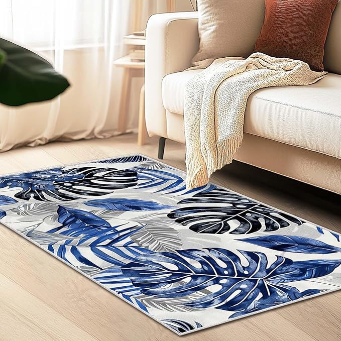 3x5 Entryway Rug Botanical Tropical Leaf Navy Blue Grey Area Rug Bedroom Bedside Thin Small Carpet Bathroom Non Slip Indoor Entrance Low Pile Door Mat Kitchen Stain Resistant Washable Machine