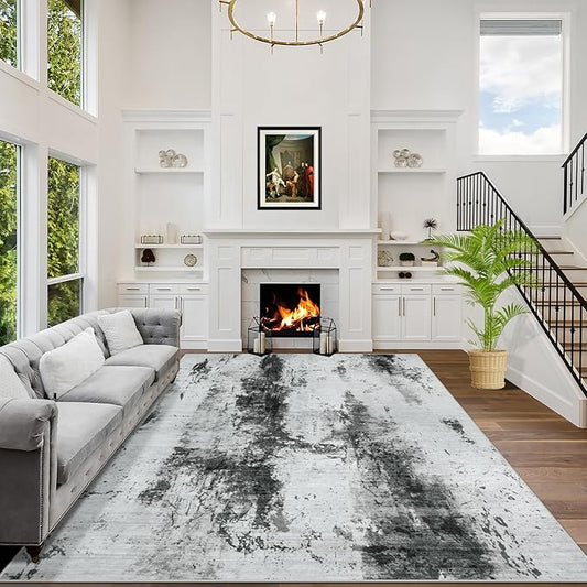 10x14 Area Rugs Washable Rug: Modern Abstract Living Room Rug Soft Anti-Skid Thin Carpet Indoor Floor Non-Shedding Carpets for Bedroom Dining Room Farmhouse Nursery Home Office Black White Grey