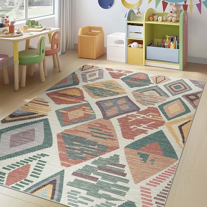 jinchan 5x7 Kids Washable Area Rug Geometric Moroccan Faux Jute Indoor Nursery Rug Non-Slip Colorful Modern Carpet for Playroom Kids Room Living Room Bedroom Laundry Room Boho Blue