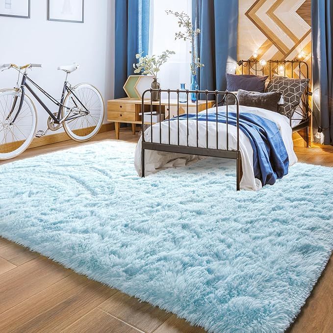 YJ.GWL Area Rugs for Living Room Bedroom, 4x6 Machine Washable Large Light Blue Carpet, Soft Fluffy Shaggy Thick Big Shag Indoor Floor Rug for Kids Boy and Girls Room Dorm Home Decor Aesthetic