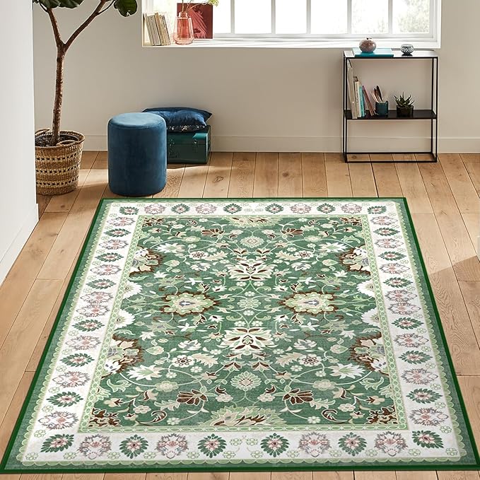 Washable Area Rugs 5'x7' Living Room, Non Slip Floral Vintage Low Pile Large Rugs for Living Room Stain Resistant for TribalBedroom, Farmhouse, Dining Room, Kids Playroom
