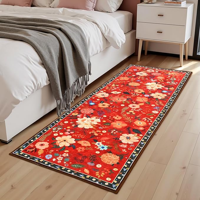 2x6 Floral Runner Rug, Flowers Printed Washable Rugs with Non Slip Backing for Girls Bedroom Kitchen Hallway,Cute Carpet Runners Home Aesthetic Decor, Red