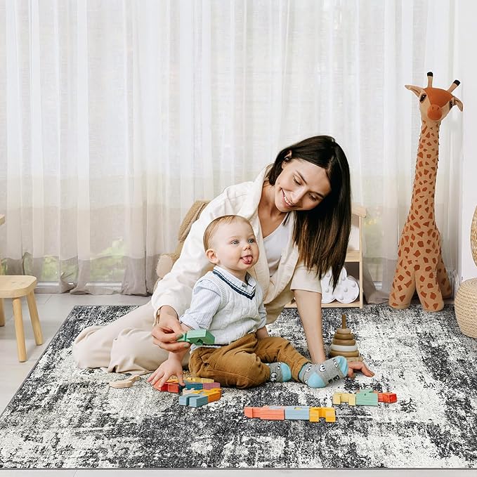 10x14 Area Rugs Living Room Rugs: Large Washable Rug with Anti-Slip Backing Non-Shedding Stain-Resistant Soft Abstract Carpet for Bedroom Dining Room Nursery Home Office-Black/Gray