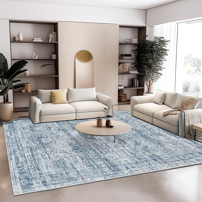 Washable Area Rug 8x10, Large Soft Rugs for Living Room Vintage Blue Rug 8x10 Area Rugs for Bedroom Dining Room Non-Slip Stain Resistant Under Table Rug