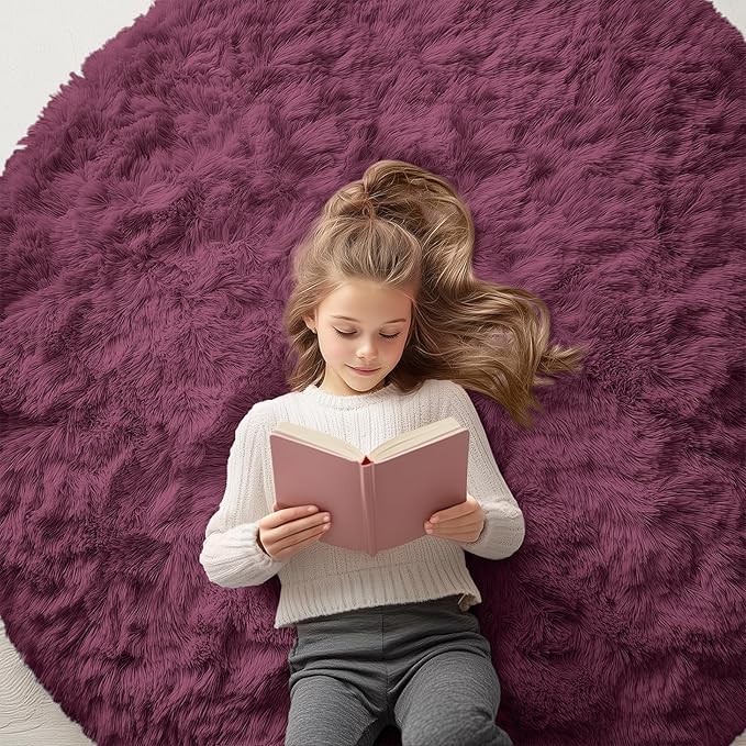 OLANLY Burgundy Round Rugs for Bedroom - Machine Washable, 5x5 Feet Circle Area Rugs for Living Room, Soft and Fluffy Shaggy Carpet for Teen Girls and Boys, Dorms, Nursery Rooms, Home Decor Aesthetic