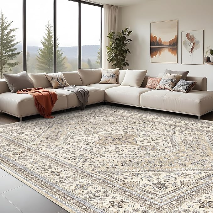 10x14 Washable Vintage Rug: Oriental Rugs for Living Room Non Slip Backing Stain Resistant Large Indoor Carpet for Bedroom Area Rug Dining Room Decor(Beige,10x14FT)