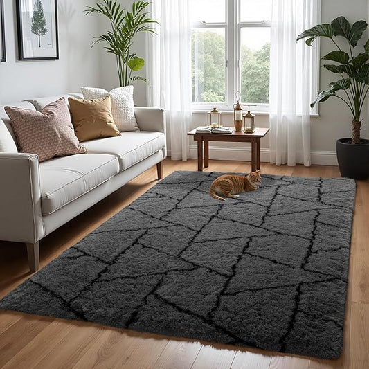 Zentavio Area Rugs for Living Room Rugs for Bedroom 4x6 Carpet Fluffy Fuzzy Soft Shag Aesthetic Plush High Pile Gray Throw Rug for Nursery Kids Room Dorm Triangle Grey