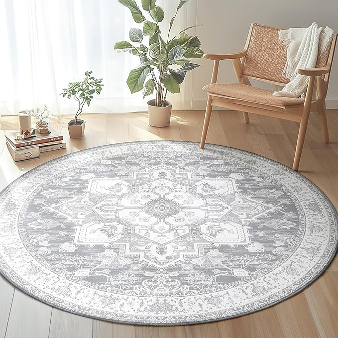 BESTSWEETIE 6ft Area Rugs for Living Room Washable Non Slip Carpet Low Pile Soft Vintage Print Pattern Rug for Bedroom Dining Room Kitchen Entryway Indoor-Light Grey