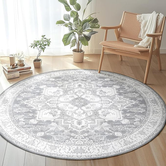 BESTSWEETIE 6ft Area Rugs for Living Room Washable Non Slip Carpet Low Pile Soft Vintage Print Pattern Rug for Bedroom Dining Room Kitchen Entryway Indoor-Light Grey