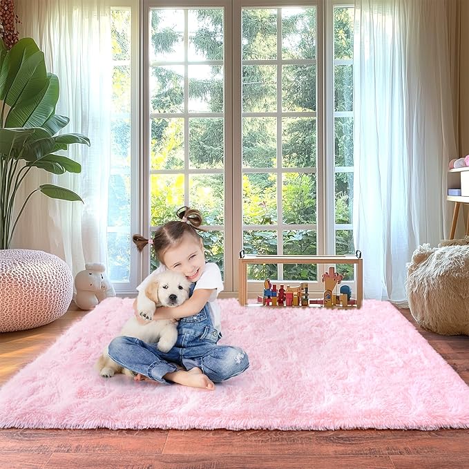 Pink Fluffy Rug for Bedroom 6x9 ft - Ultra Soft & Non Slip Shaggy Area Rug, Comfy Durable Carpet for Living Room Kids Room Teens Dorm Home Decor, 1.7'' Thick Indoor Plush Carpets