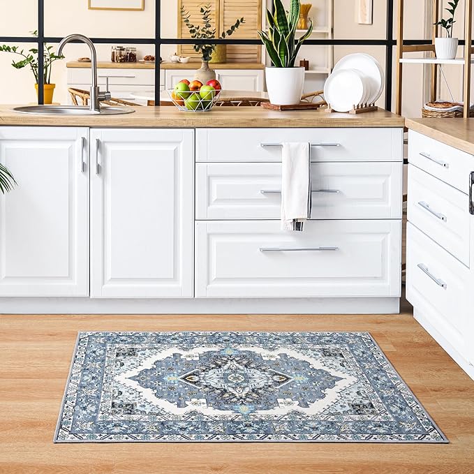 Noahas Front Door Mat Indoor Outdoor Entrance,2x3 Small Blue Area Rugs Vintage Machine Washable Rugs Non-Slip Low Pile Carpets for Entryway Porch Bathroom Kitchen Bedroom Laundry Room Home Decor