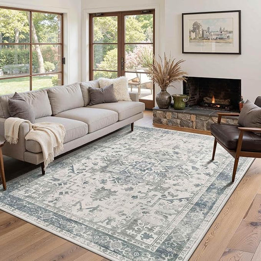 4x6 Washable Area Rug for Living Room, Neutral Vintage Boho Rugs for Office, Dining Room, Kids Room, Farmhouse, Durable Low Pile Non Slip Carpet for High Traffic Areas, Light Blue Grey