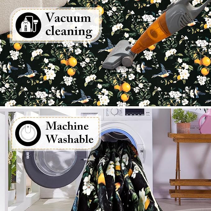ASPMIZ Vintage Floral Area Rug 5x7 Rug for Living Room Black Washable Rugs for Bedroom Non Slip Soft Low Pile Lemon Hummingbird Throw Rugs for Dining Room Nursery Kitchen Entryway Laundry Office