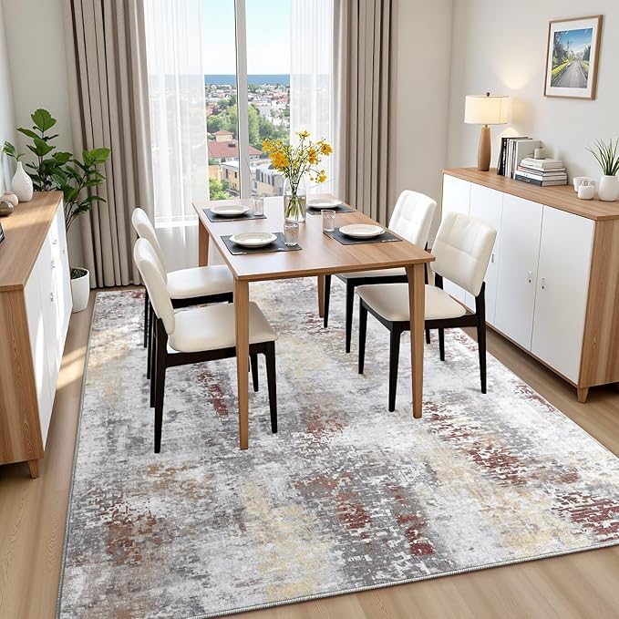 Washable Abstract Rug, 5x7 Modern Area Rugs with Non-Slip Rubber Backed for Living Room, Thin but Soft Contemporary Carpet Kitchen Bedroom Dining Room Decor, Rusty Brown