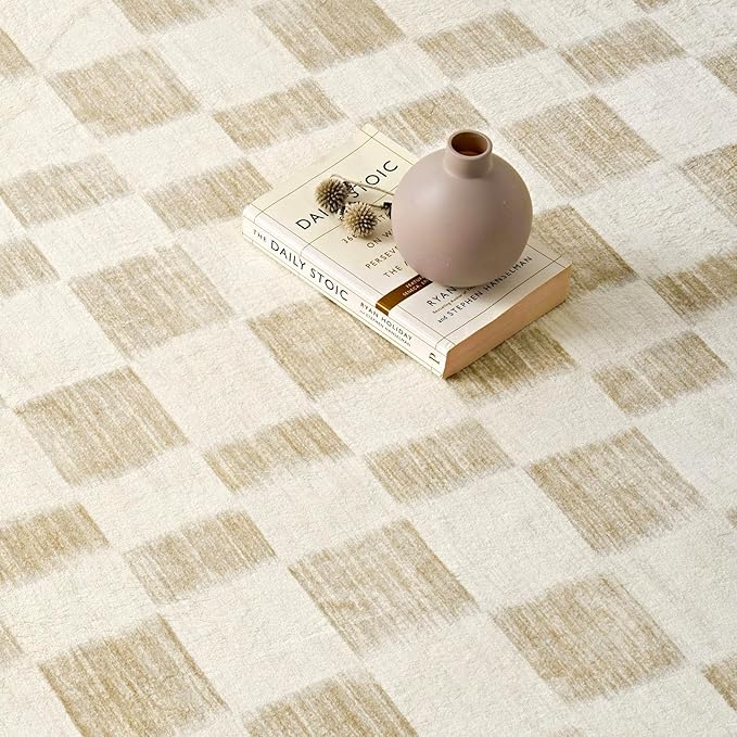 EVERGRACE Checkered Plaid Area Rug 2x6, Soft Faux Wool Rugs Washable Anti Slip Rugs Long Runner Rug Carpet for Entryway Bedroom Living Room Hallway Kitchen Dining Room and Laundry Room, Beige