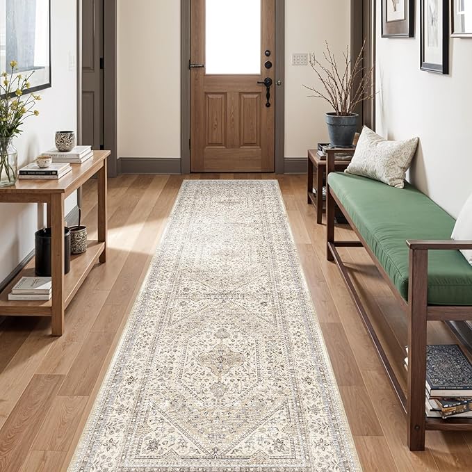 3x10 Runner Rug for Hallway Washable: Non Slip Kitchen Rugs with Rubber Backing Soft Waterproof Mats Stain Resistant Indoor Vintage Carpet Runner for Bedroom Bathroom Laundry Entryway Beige/Gray
