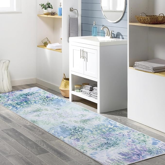 Carvapet Rugs for Hallway Laundry Bedroom, Modern Floral Low Pile Long Carpet with Rubber Backing, Foldable, Non Slip Machine Washable (6 x 2 Feet Rectangular, Dream Garden Runner Rug)