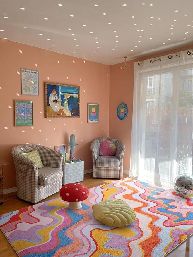 Washable 9x12 Rug, Colorful Abstract Area Rug Thin Light Weight Cute Funky Aesthetic Colorful Living Room Rug Pink Blush Carpet for Nursery Girls Bedroom Dining Room Dorm Office