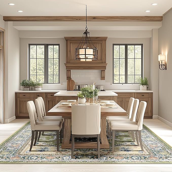 BESTSWEETIE 6x9 Area Rugs for Living Room Washable Non Slip Carpet Low Pile Soft Vintage Print Pattern Rug for Bedroom Dining Room Kitchen Entryway Indoor-Green/Light tan/Blue/Grey