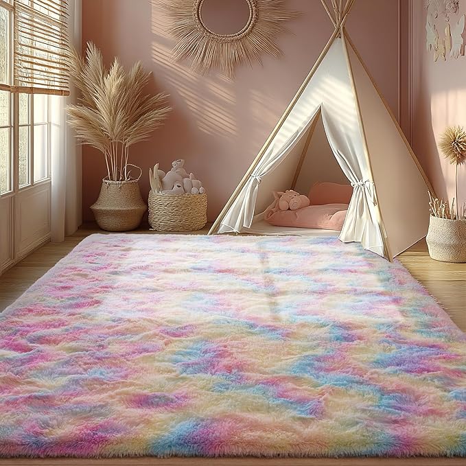 Zentavio Unicorn Rugs for Girls Room 5x8 Area Rugs for Living Room Carpet for Bedroom Washable Soft Fluffy Shag Aesthetic Plush High Pile Throw Rug for Nursery Kids Room Dorm Room Rainbow