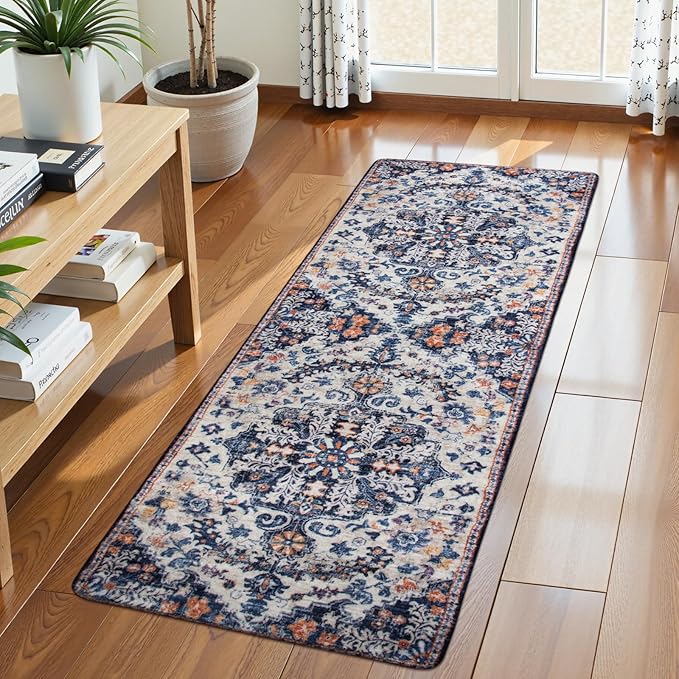Lahome Washable Runner Rug, 2x5 Bohemian Kitchen Rug Runners Low Pile Bathroom Runner Rugs with Rubber Backing, Printed Throw Carpet Runner for Laundry Room Hallway Bedside, Blue Purple/Multi