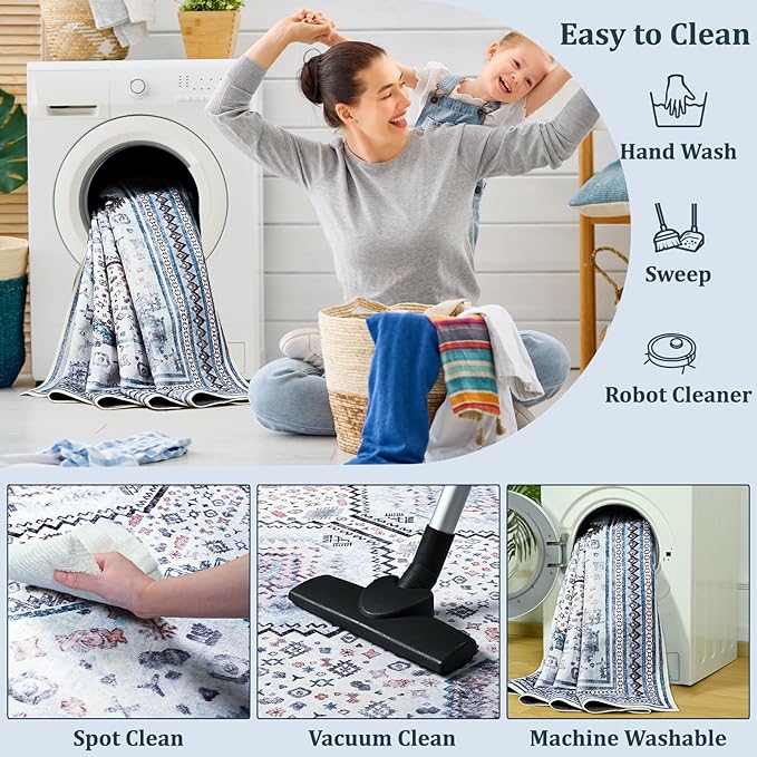 Maxsoft 8x10 Area Rug,Vintage Machine Washable Rugs for Living Room, Soft Non-Slip Low Pile Rug, Stain Resistant Rugs for Kitchen, Bedroom, Dining Room,Laundry Room,Nursery (Beige Blue)