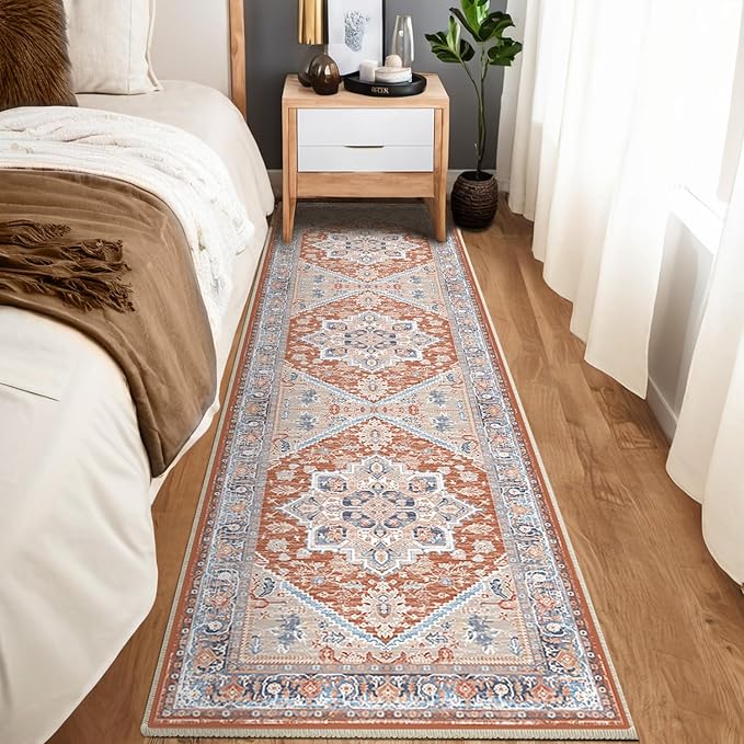 BESTSWEETIE 2x8 Area Rugs for Living Room Washable Non Slip Carpet Low Pile Soft Vintage Print Pattern Rug for Bedroom Dining Room Kitchen Entryway Indoor-Brick/Blue/Light Ivory