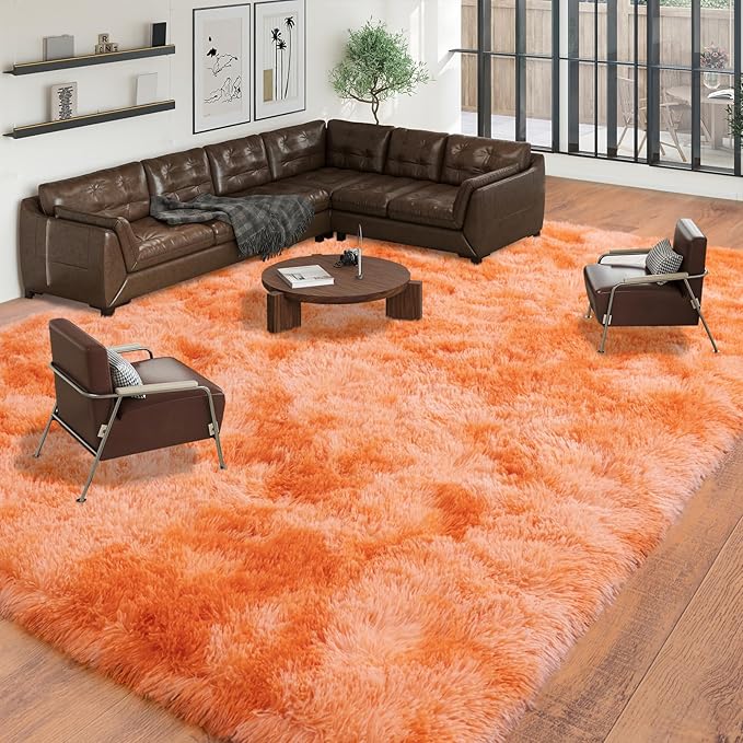 Large Area Rugs 9x12 Living Room, Plush Thick Carpets for Boy and Girls Room, Modern Soft Shag Rug for Bedroom, Non Slip, Indoor Carpet for Nursery Dorms Home Decor Aesthetic, Orange