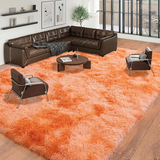 Large Area Rugs 9x12 Living Room, Plush Thick Carpets for Boy and Girls Room, Modern Soft Shag Rug for Bedroom, Non Slip, Indoor Carpet for Nursery Dorms Home Decor Aesthetic, Orange