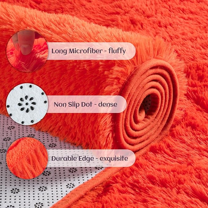 YJ.GWL Area Rugs for Living Room Bedroom, 5x8 Machine Washable Large Orange Carpet, Soft Fluffy Shaggy Thick Big Shag Indoor Floor Rug for Kids Boy and Girls Room Dorm Home Decor Aesthetic
