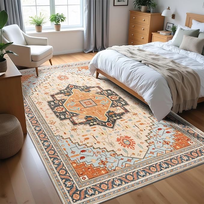 4x6 Orange Beige Area Rug for Living Room, Machine Washable Rugs with Non-Slip Backing for Bedroom, Vintage Medallion Carpet Kitchen Laundry Kids Room Decor
