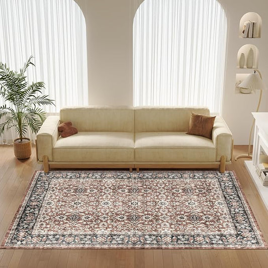 Washable Modern Rug 4x6, Small Distressed Anti-Skid Rugs for Living Room, Distressed Vintage Boho Rug Floor Alfombra Bedroom Dining Room Office