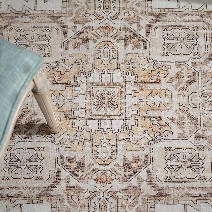 jinchan Area Rug 3x5 Entryway Washable Rug Soft Thin Vintage Low Pile Non Slip Distressed Carpet Indoor Doormat Oriental Medallion Rug for Bedside Bathroom Bedroom Laundry Room Dining Room Taupe Multi