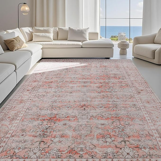 Carvapet Pink Rugs for Living Room Bedroom, Vintage Low Pile Large Carpet with Rubber Backing, Foldable, Non Slip Machine Washable (10 x 8 Feet Rectangular, Pink Area Rug)