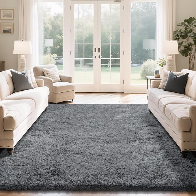 Fluffy Rug Shaggy Area Rug, Dark Gray 10x14 Area Rugs for Bedroom, Super Soft Shaggy Rugs for Living Room Bedroom Kids Room Home Decor, Upgrade Anti-Skid Rectangular Fuzzy Rug