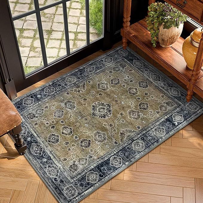 2x3 Oriental Entryway Rug,Washable Non-Slip Small Rugs for Entryway, Ultra-Thin Design for Front Door, Bathroom, Kitchen,Black & Yellow Door Mat