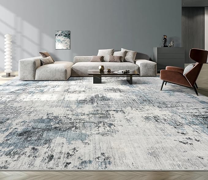 Washable Rug 9x12 Area Rugs for Living Room: Modern Abstract Neutral Soft Large Rug for Bedroom Dining Room Under Kitchen Table Home Office Decor - Grey Blue