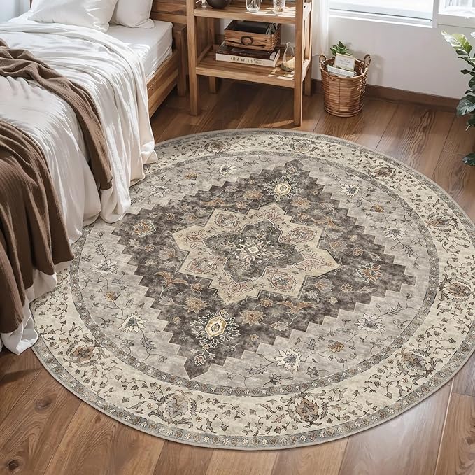 Vintage Round Rug 4ft Washable Circle Rug, Non Slip Small Boho Round Rug, Low Pile Circular Rugs, Round Carpet for Bedroom,Entryway,Nursery,Dorm,Kitchen,Brown/Grey