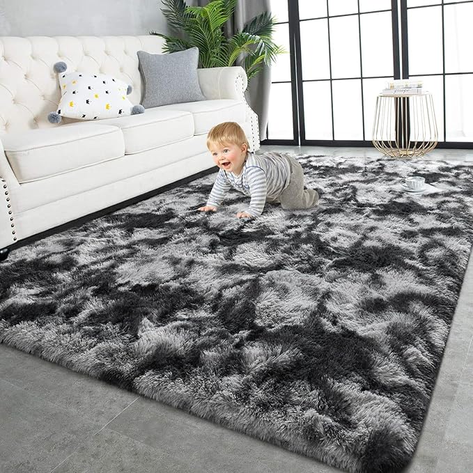 TWINNIS Super Soft Shaggy Rugs Fluffy Carpets 6x9 Feet, Indoor Modern Plush Area Rugs for Living Room Bedroom Kids Room Nursery Home Decor, Upgrade Anti-Skid Fuzzy Rug, Black and Grey